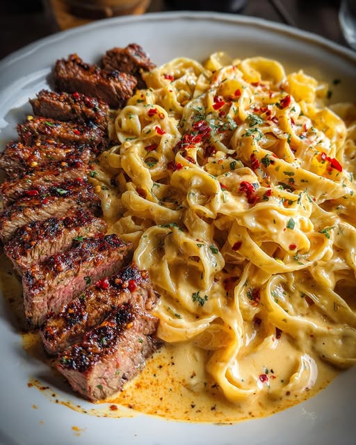 Easy Homemade Spicy Cajun Steak with Parmesan Fettuccine Pasta