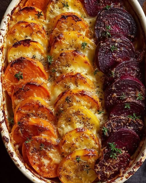Root Vegetable Gratin with Sweet Potatoes, Parsnips, and Beets