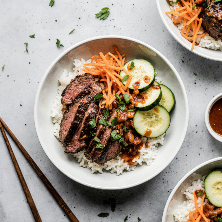 Korean BBQ Steak Rice Bowls with Spicy Cream Sauce